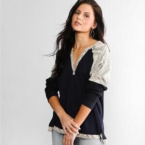 Miss Me Navy Distressed Long Sleeve Henley V-Neck Paisley Oversized Top